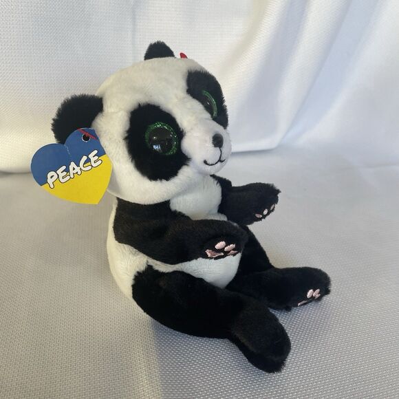 Ty Beanie Baby Ying Panda Glitter Green Eyes PEACE Ukraine Save the Children Tag - Picture 3 of 11